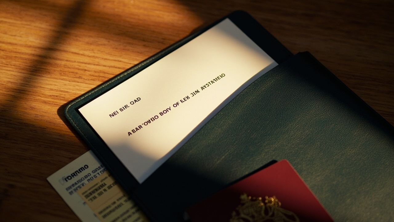 Printed eVisa PDF tucked inside a travel folder beside a closed Australian passport, ready for the airport