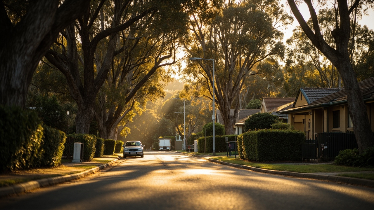 Quiet leafy Canberra suburban street with generic rendered buildings and gum trees at warm afternoon light