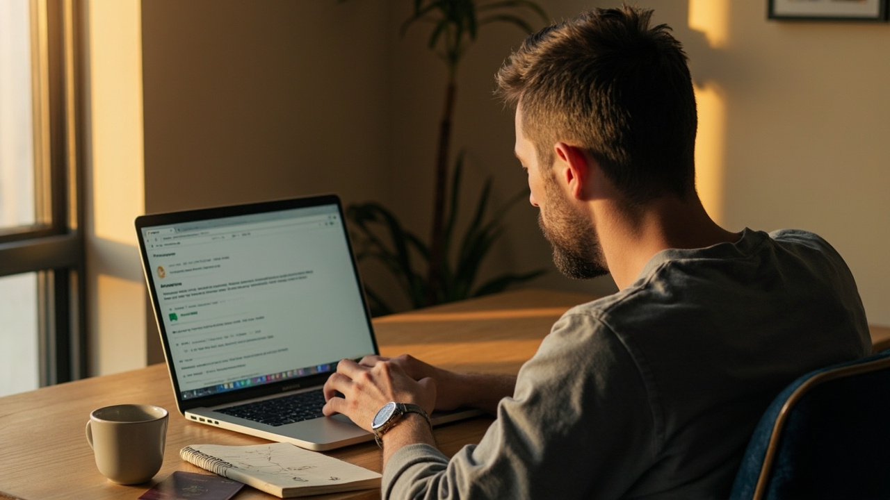 Australian traveller at a sunlit home desk completing an eVisa application on a laptop as the simpler default to the embassy route