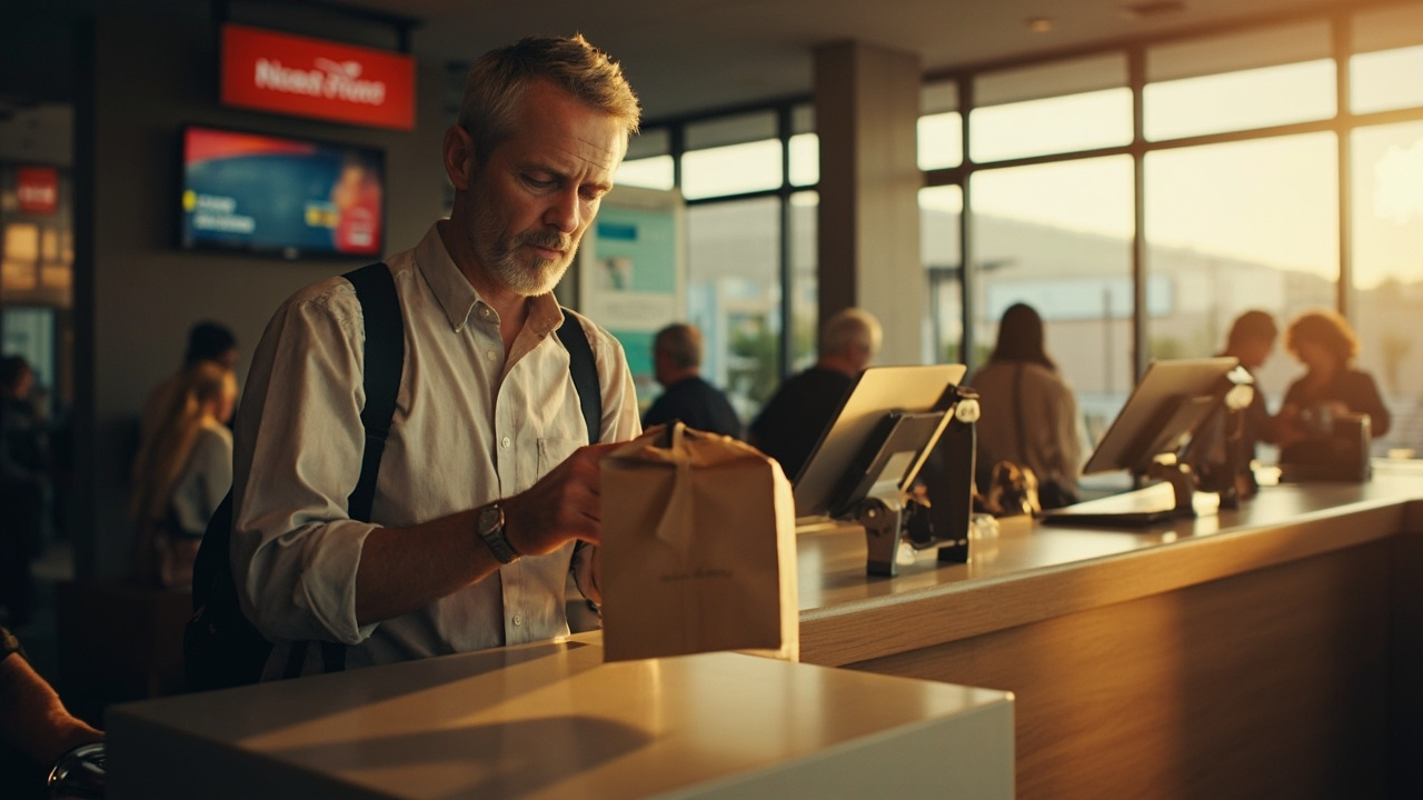Australian traveller at a generic post-office counter handing across a plain prepaid mailer satchel, soft natural light