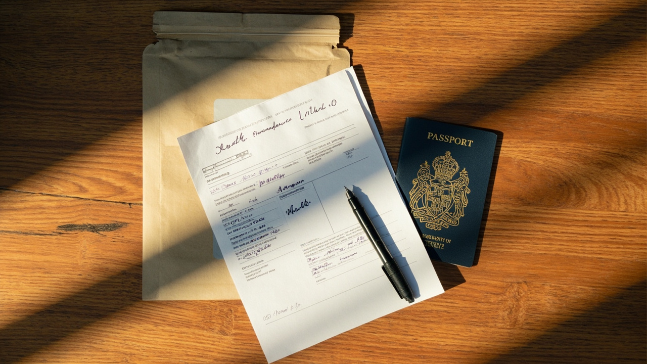 Overhead flat-lay of a plain prepaid courier mailer satchel, a paper application form, and a closed Australian passport on a warm timber desk