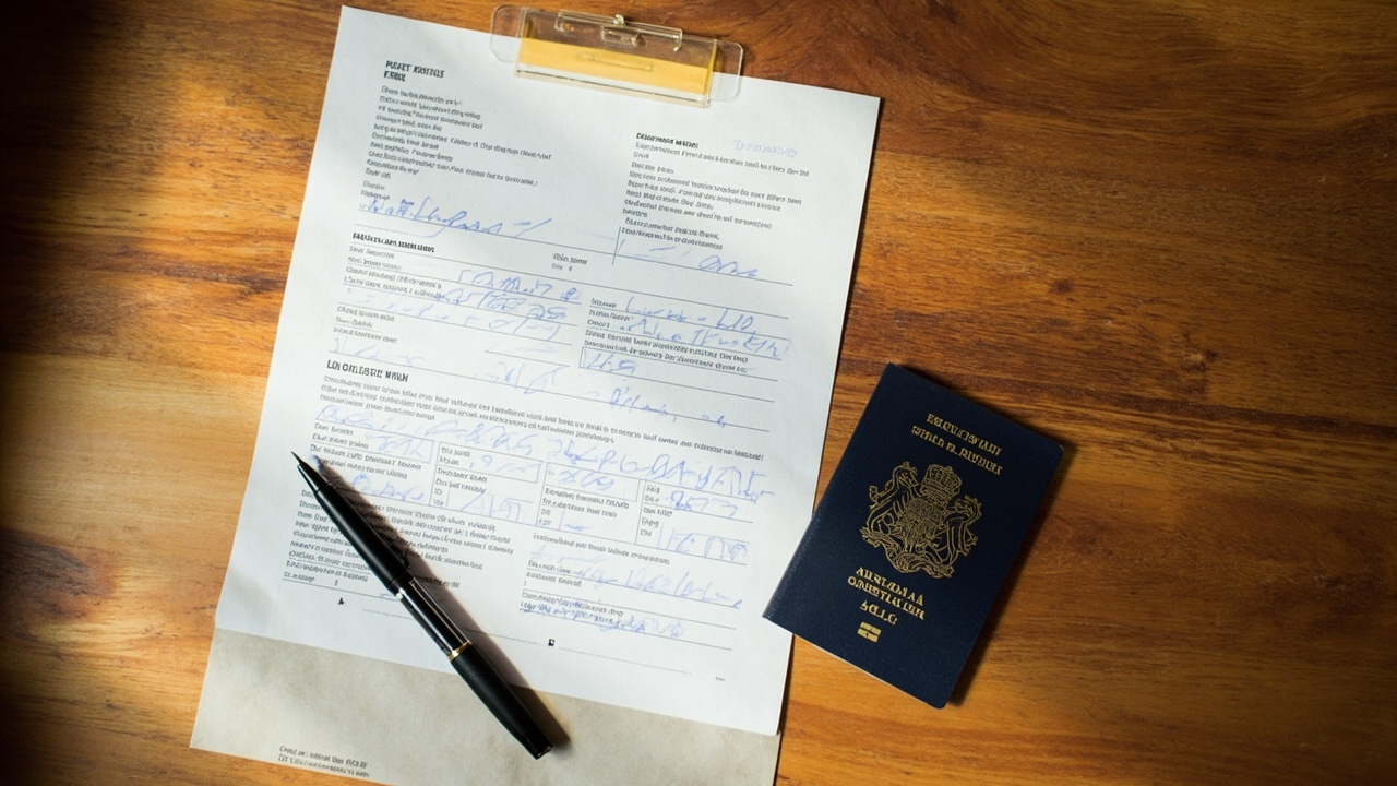 Overhead flat-lay of a printed Cambodian Business visa application form, an Australian passport, a signed host-company cover letter, and an AusPost return satchel on a warm timber desk in soft natural light