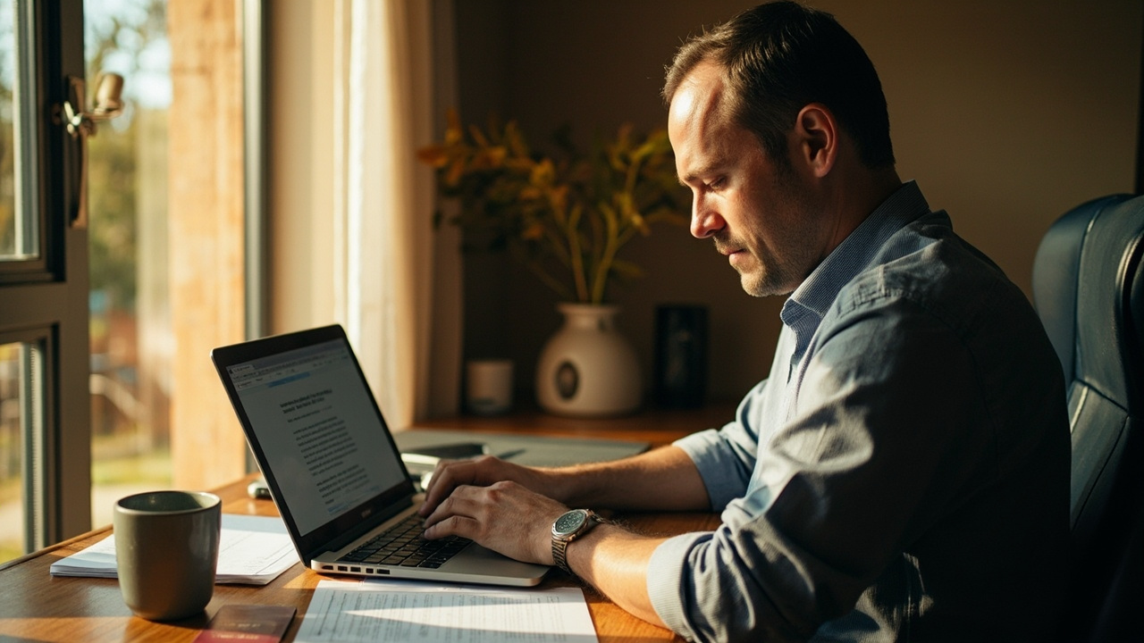 Australian Business applicant in his late thirties at a sunlit home-office desk typing a host-company cover letter on a laptop, calm focused expression
