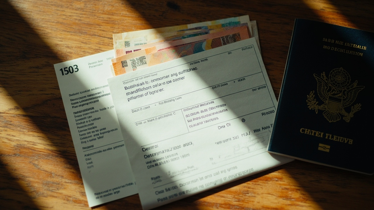 Close-up flat-lay of a folded money-order paper, a small stack of generic Australian banknotes, and a printed Business application form on a warm timber desk