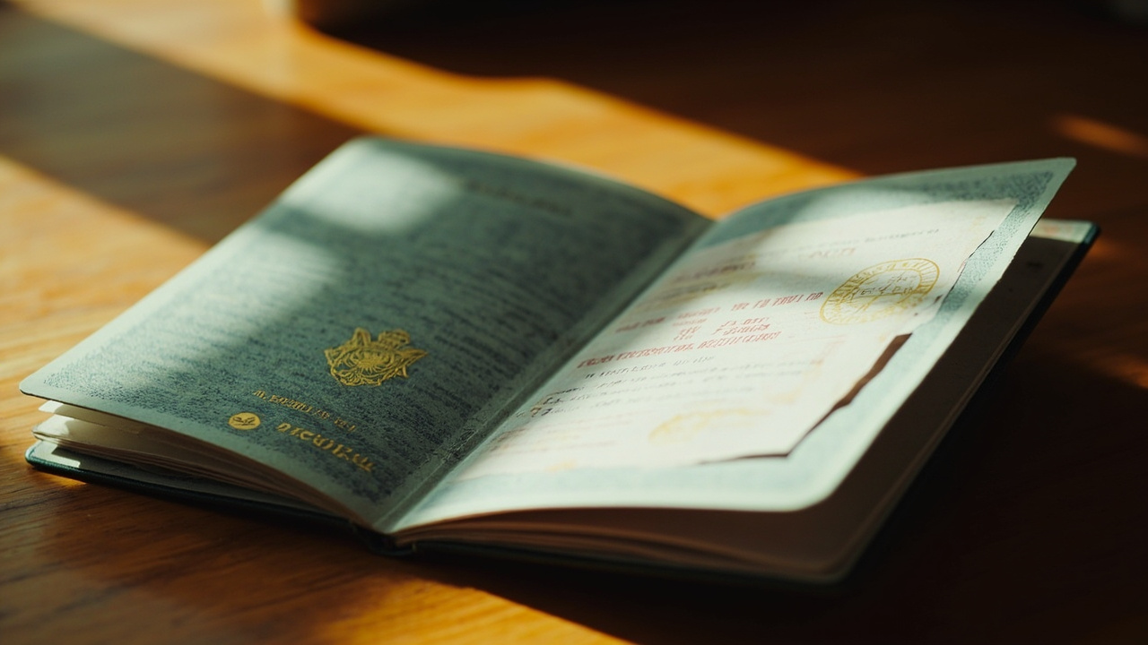 Close-up of an open Australian passport on a warm timber desk showing a full-page paper visa sticker with intentionally illegible printed text