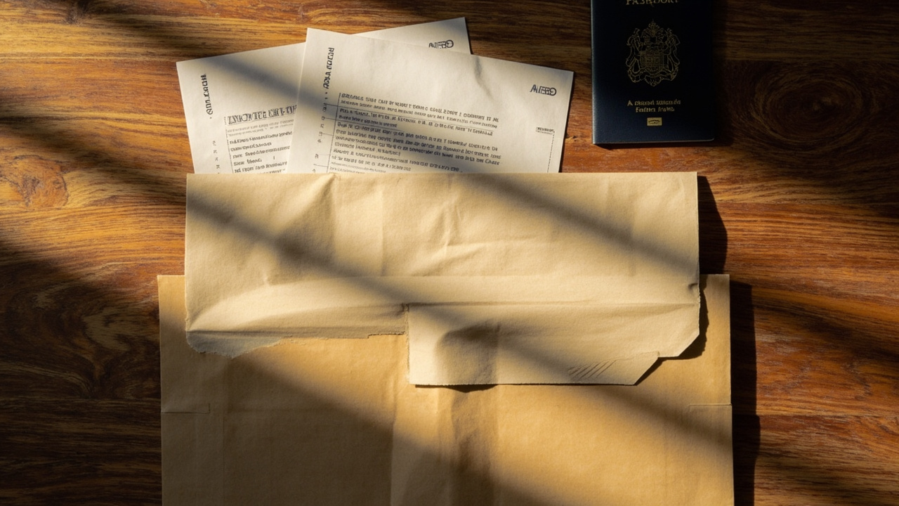 Plain unbranded prepaid postal return satchel partly inserted into an outbound envelope on a warm timber desk, signalling a postal embassy lodgement