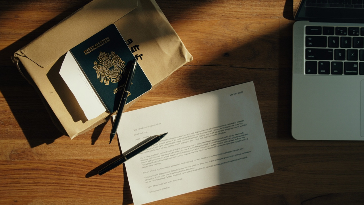 Overhead flat-lay of an opened return satchel revealing an Australian passport with no visa sticker, a folded rejection letter, and a laptop showing an eVisa application in soft natural light