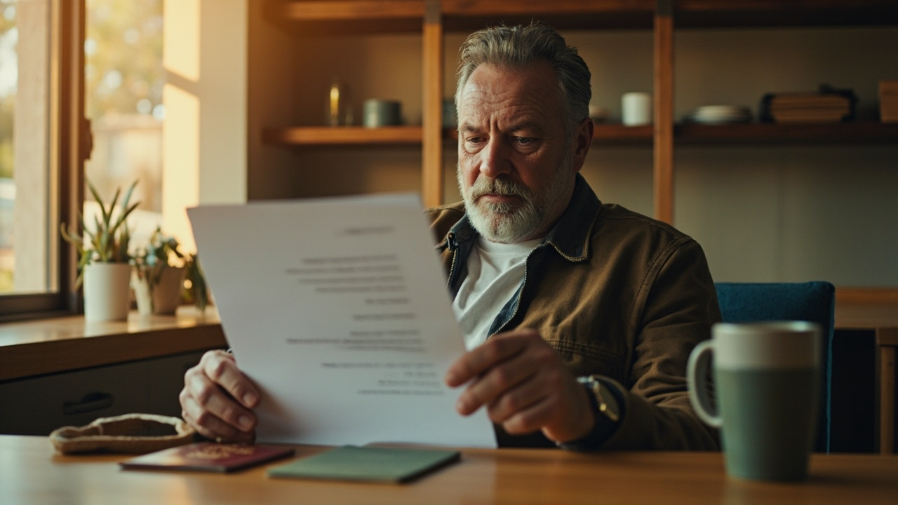 Australian applicant in his early forties sitting at a kitchen bench reading a folded rejection letter beside his passport, calm composed expression in soft natural light