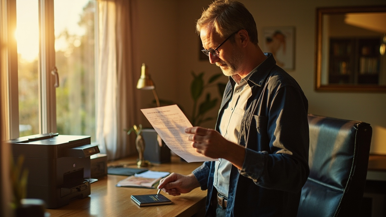 Australian traveller in his late thirties holding a freshly printed eVisa PDF beside his passport at a sunlit home desk, a quietly relieved expression