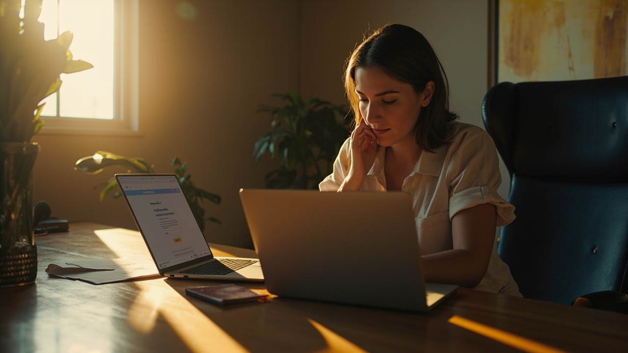 Aussie applicant in her thirties at a sunlit home-office desk starting an eVisa rebuild on a laptop after an embassy rejection, calm focused expression