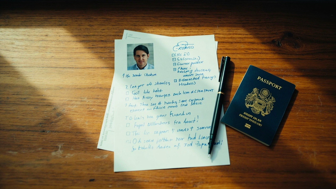 Close-up overhead view of a hand-annotated paper checklist beside a passport, photo print, and printed application form on a warm timber desk