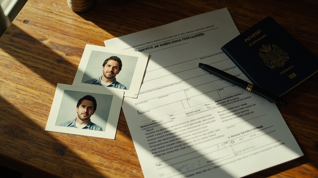 Two matt-finish 35x45mm printed passport photos of an Australian traveller laid on a warm timber desk beside an embassy application form