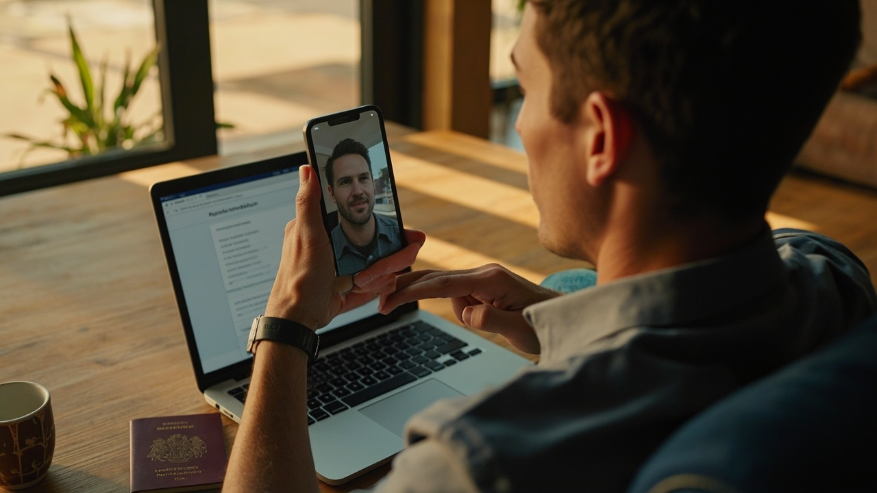 Australian traveller uploading a phone JPEG to a laptop as the eVisa alternative to embassy printed photos