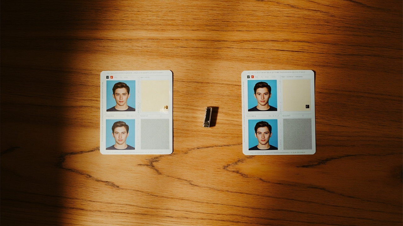 Flat-lay comparison of matt-finish and gloss-finish printed passport photos under raking warm light