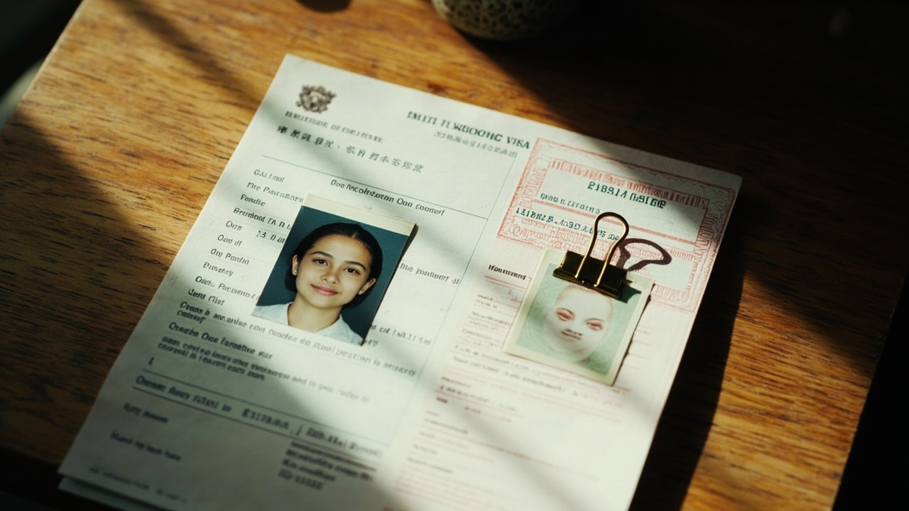 Close-up of a printed passport photo stapled to an embassy application form and a second print paper-clipped to a receipt copy