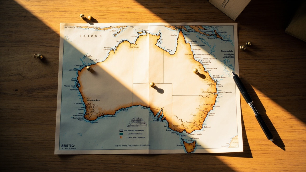 Editorial overhead of a paper map of Australia with a single small marker placed on Canberra, warm window light