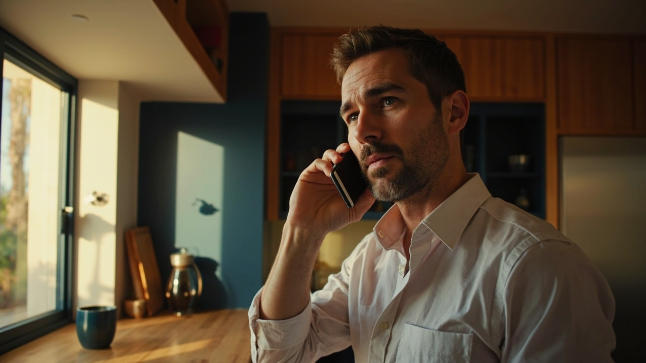 Australian traveller holding an unbranded phone to their ear with a calm but resigned expression in a sunlit kitchen