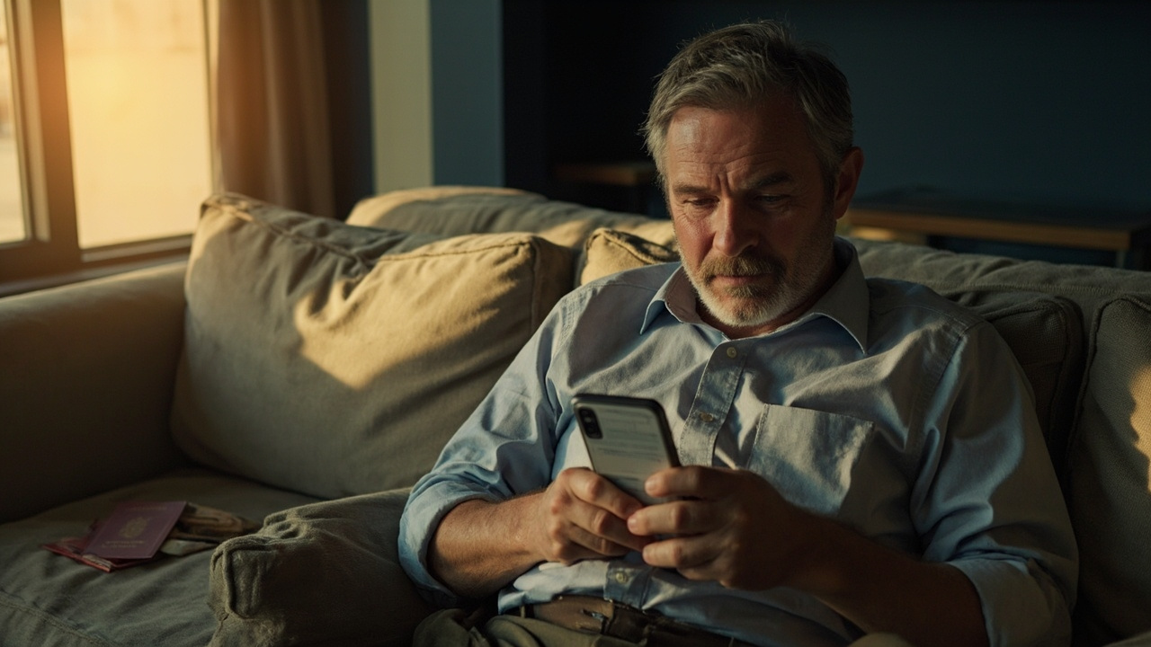 Australian traveller reviewing an eVisa PDF preview on a phone with a quietly relieved expression on a sunlit sofa