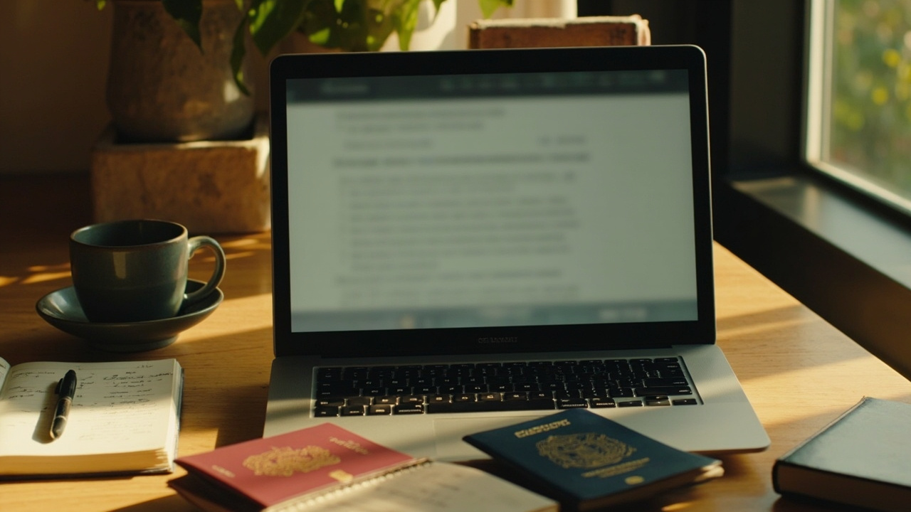 Laptop showing softly blurred generic search results page on a sunlit Aussie home desk, no readable text