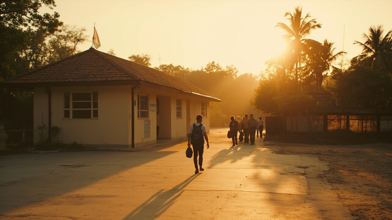 Quiet rural land-border crossing scene in warm earth-tone surroundings at golden hour