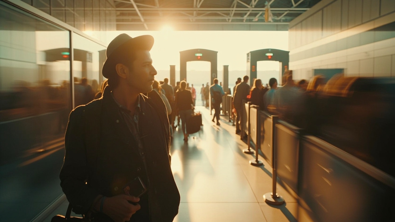 Australian traveller calmly walking past a slower queue toward an automated e-gate scanner at a Cambodian airport