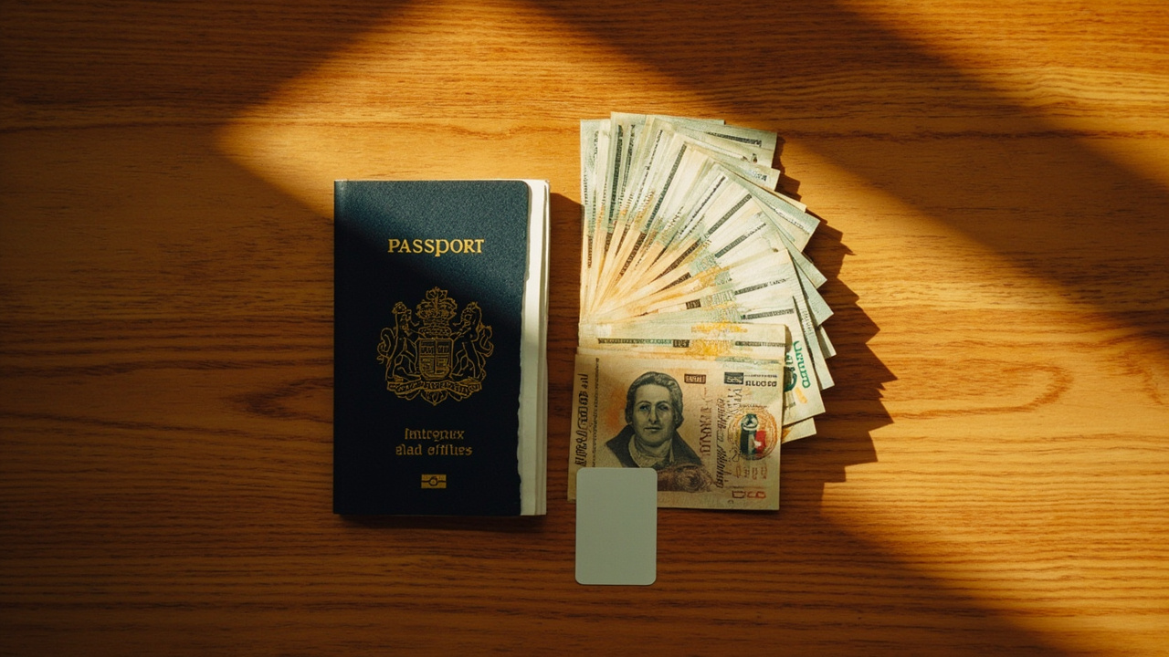 Overhead flat-lay of crisp USD bills on a warm wooden counter beside a closed Australian passport and a small passport photo card