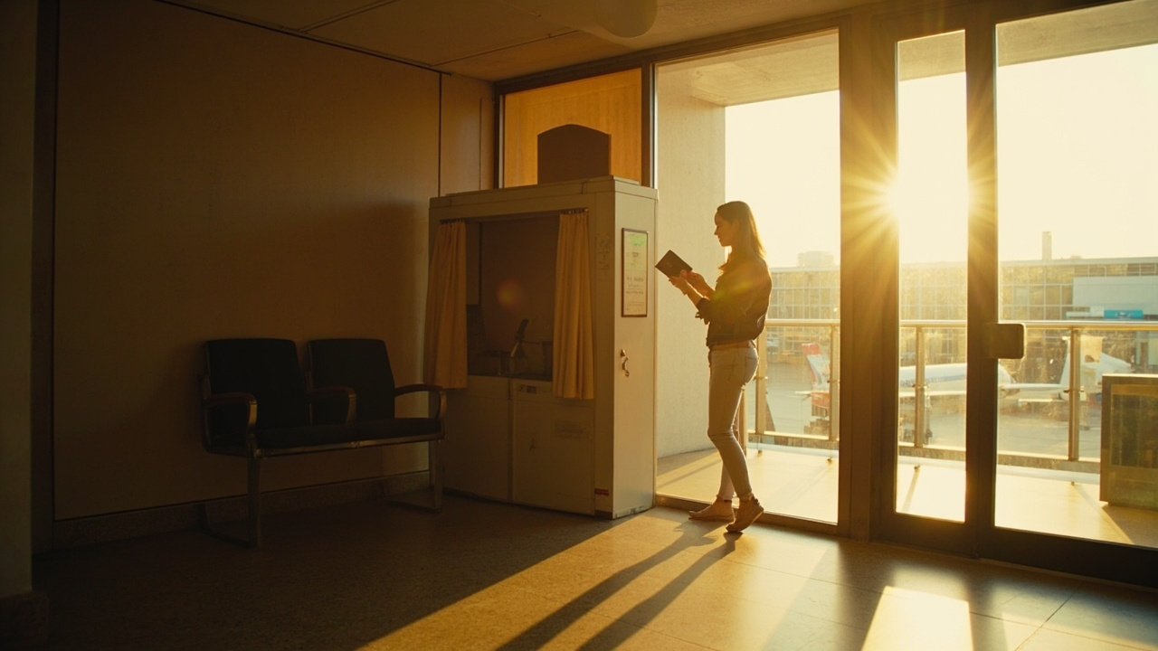 Generic small passport photo booth inside an airport arrival area in warm afternoon light