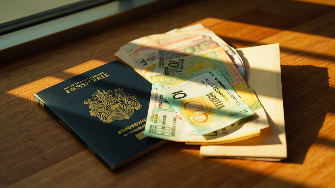 Crisp small-denomination USD notes laid out beside an Australian passport on a warm timber counter in soft window light