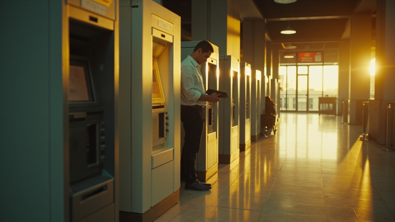 Generic ATM in a quiet airport arrival hallway with an Australian traveller checking a passport in soft warm light