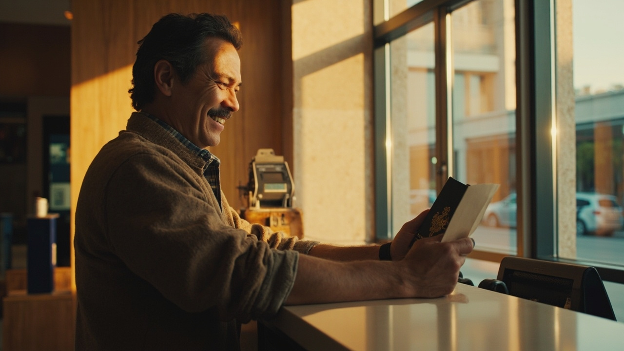 Australian traveller collecting a small foreign cash envelope from a generic bank branch counter in warm window light