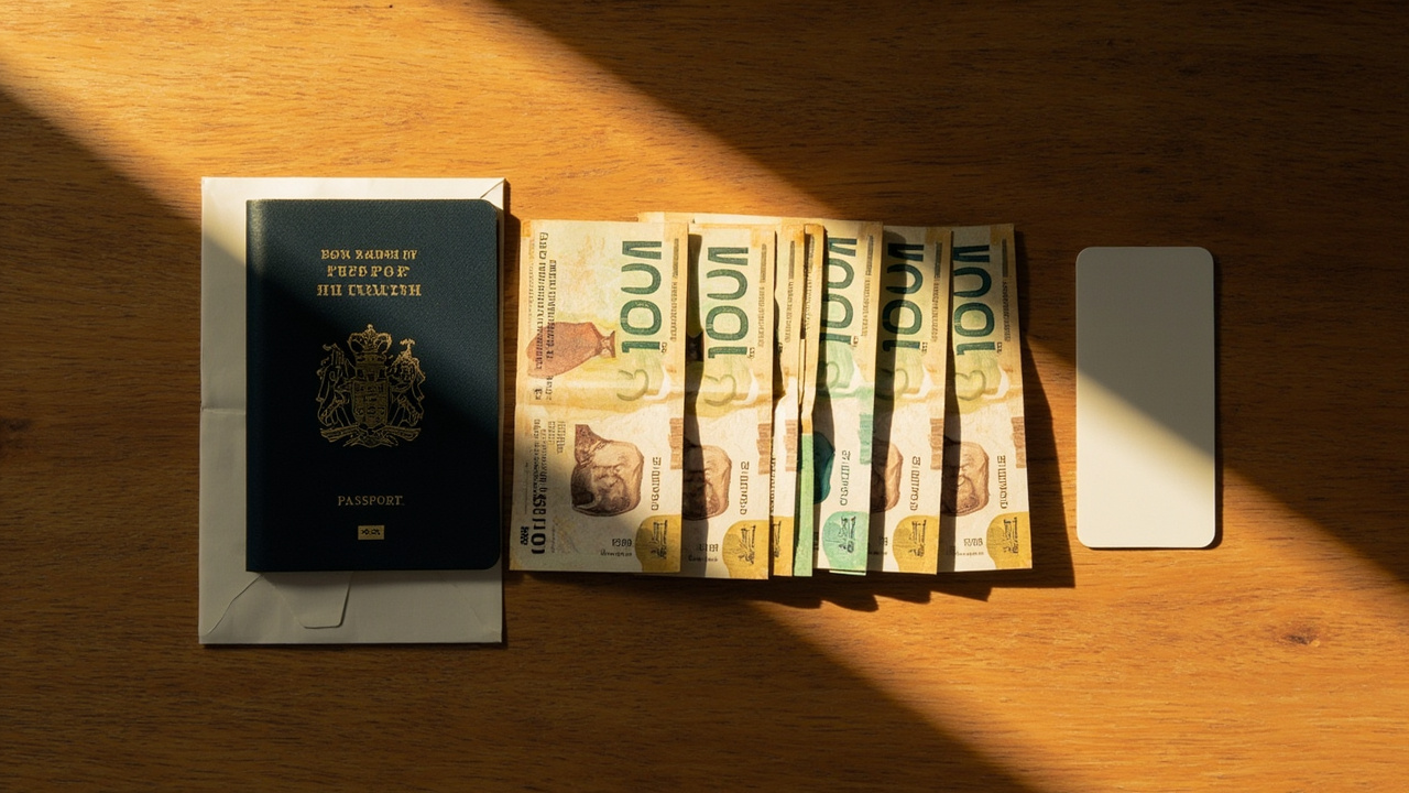 Overhead flat-lay of crisp small-denomination USD notes laid out beside a closed Australian passport on warm timber