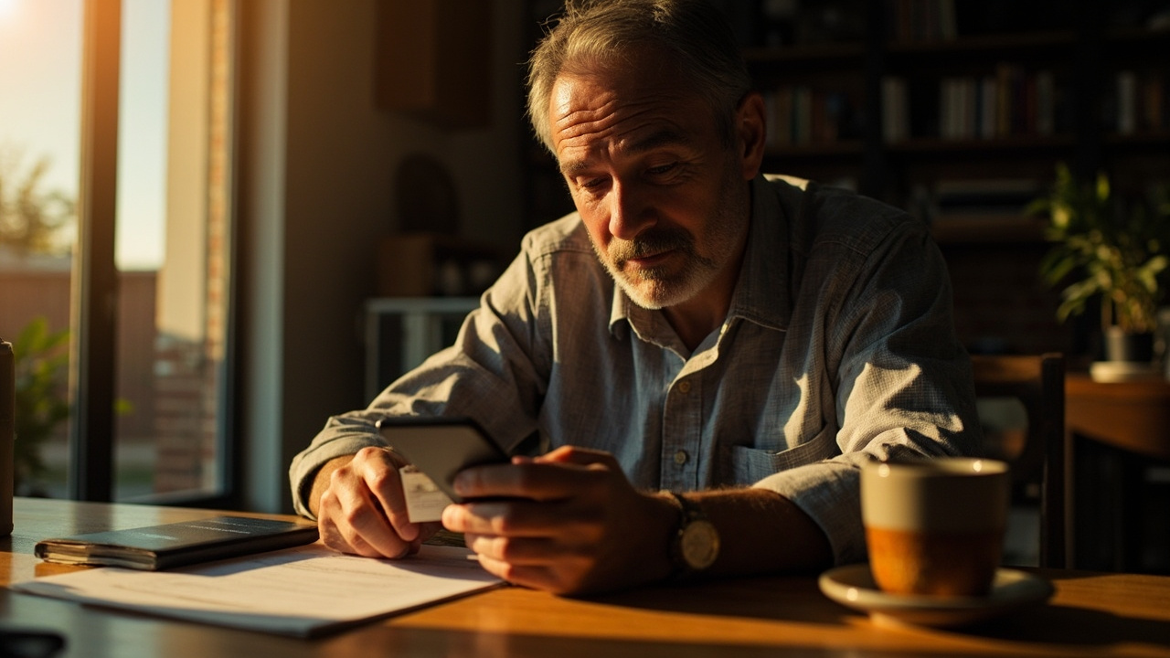 Australian traveller paying with a generic card on a phone for an online application from a warm sunlit home desk