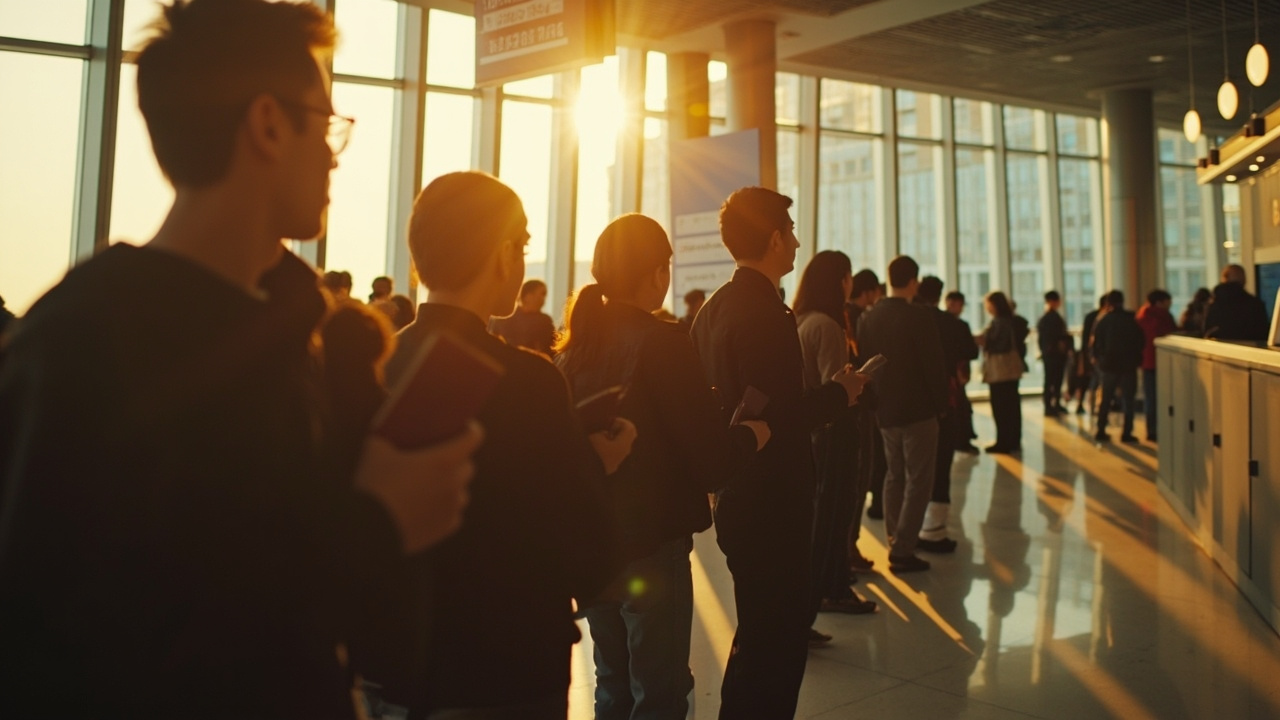 Calm visa-on-arrival queue inside a modern Asian airport arrival hall in warm afternoon light with Australian travellers waiting