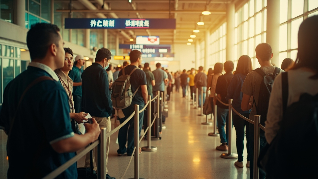 Distant view of a busier afternoon arrival hall queue with travellers waiting in line in warm overhead light