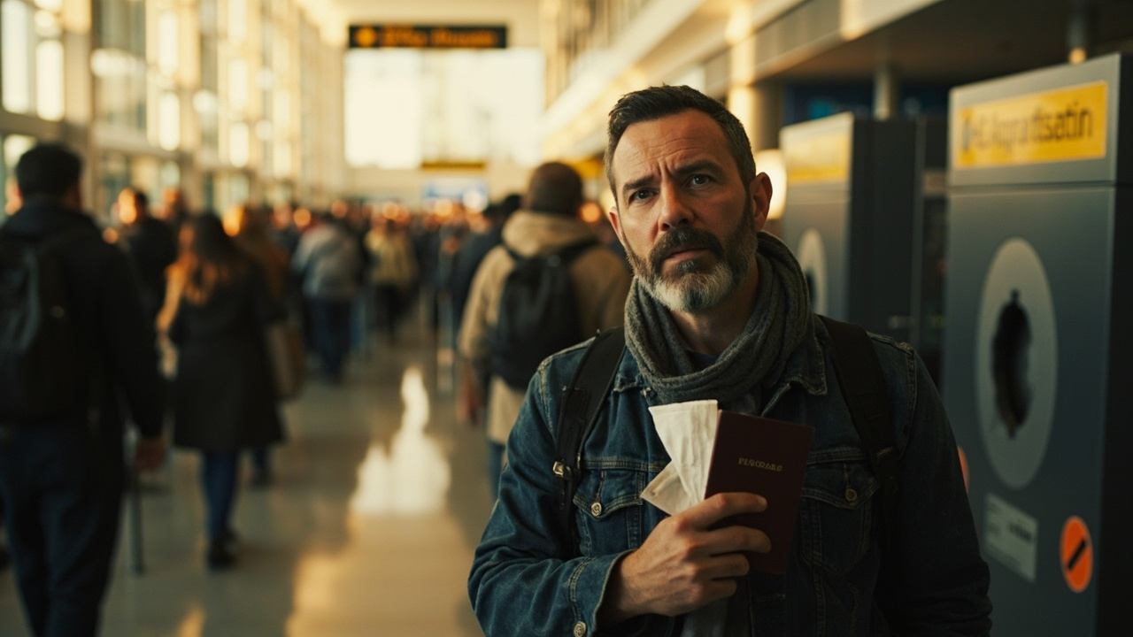 Australian traveller walking past a blurred queue toward an automated lane in soft afternoon light
