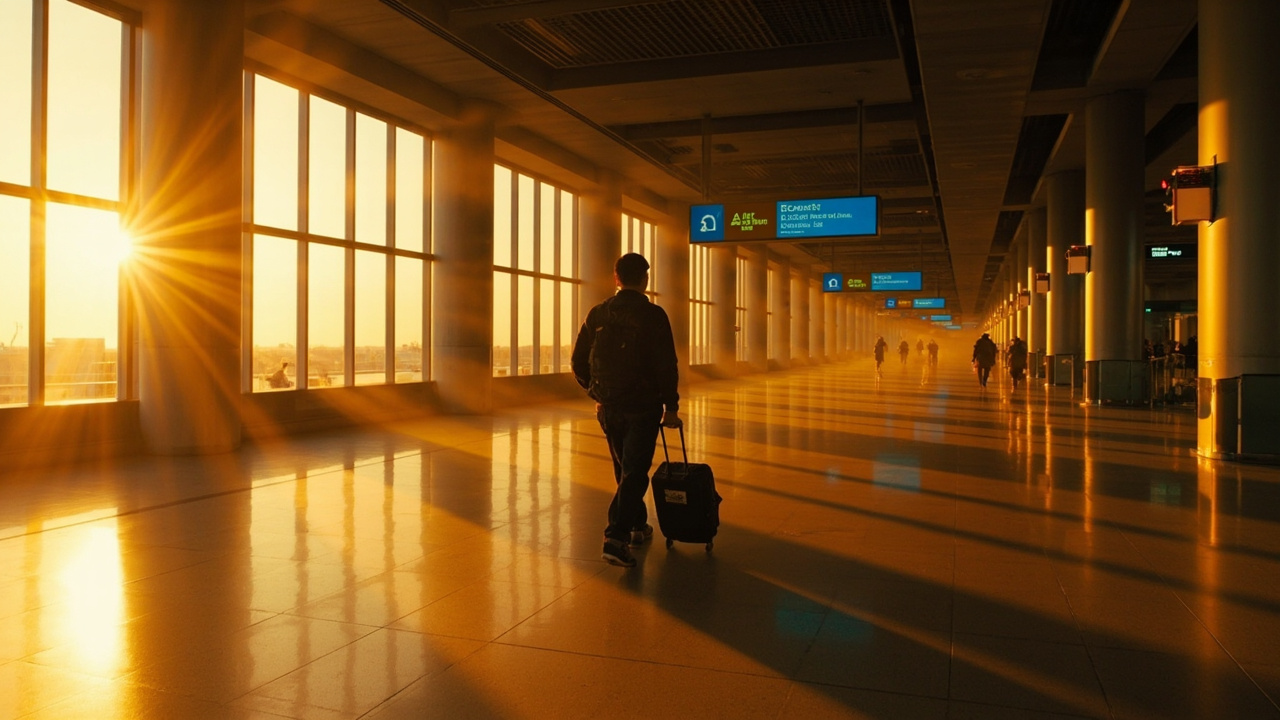 Quiet early-morning arrival hall with a single Australian traveller crossing a polished floor in soft golden light