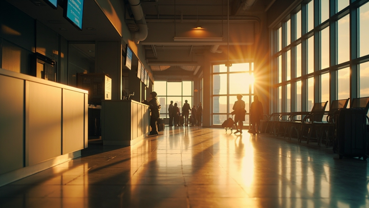 Small quiet arrival hall with a single counter and warm window light suggesting a smaller airport