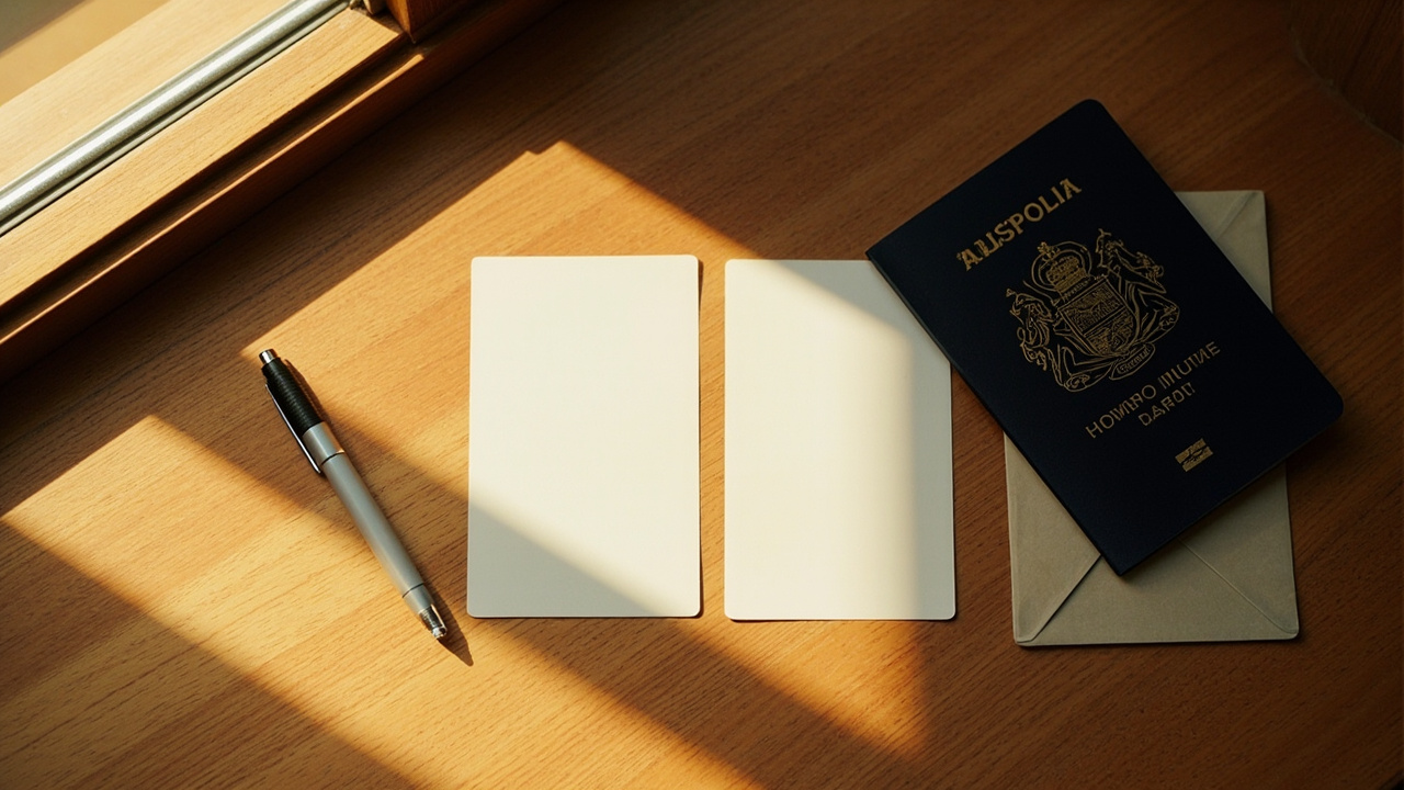 Two small passport-size photo cards laid out beside a closed Australian passport on a warm timber counter in soft window light