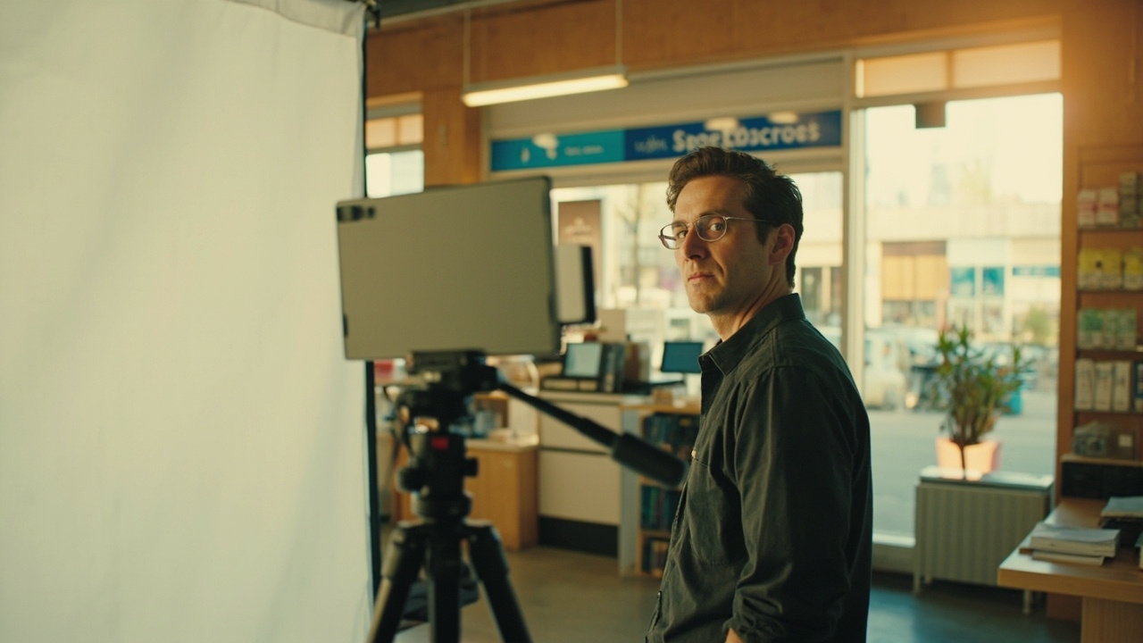 Australian traveller standing at a generic chemist photo counter against a plain white backdrop in soft window light