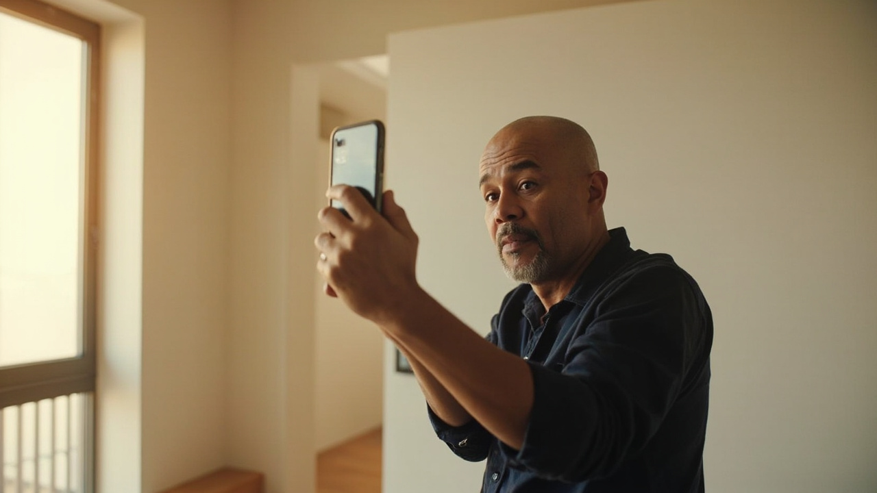 Australian traveller composing a phone-camera self-portrait against a plain white wall at home in warm window light