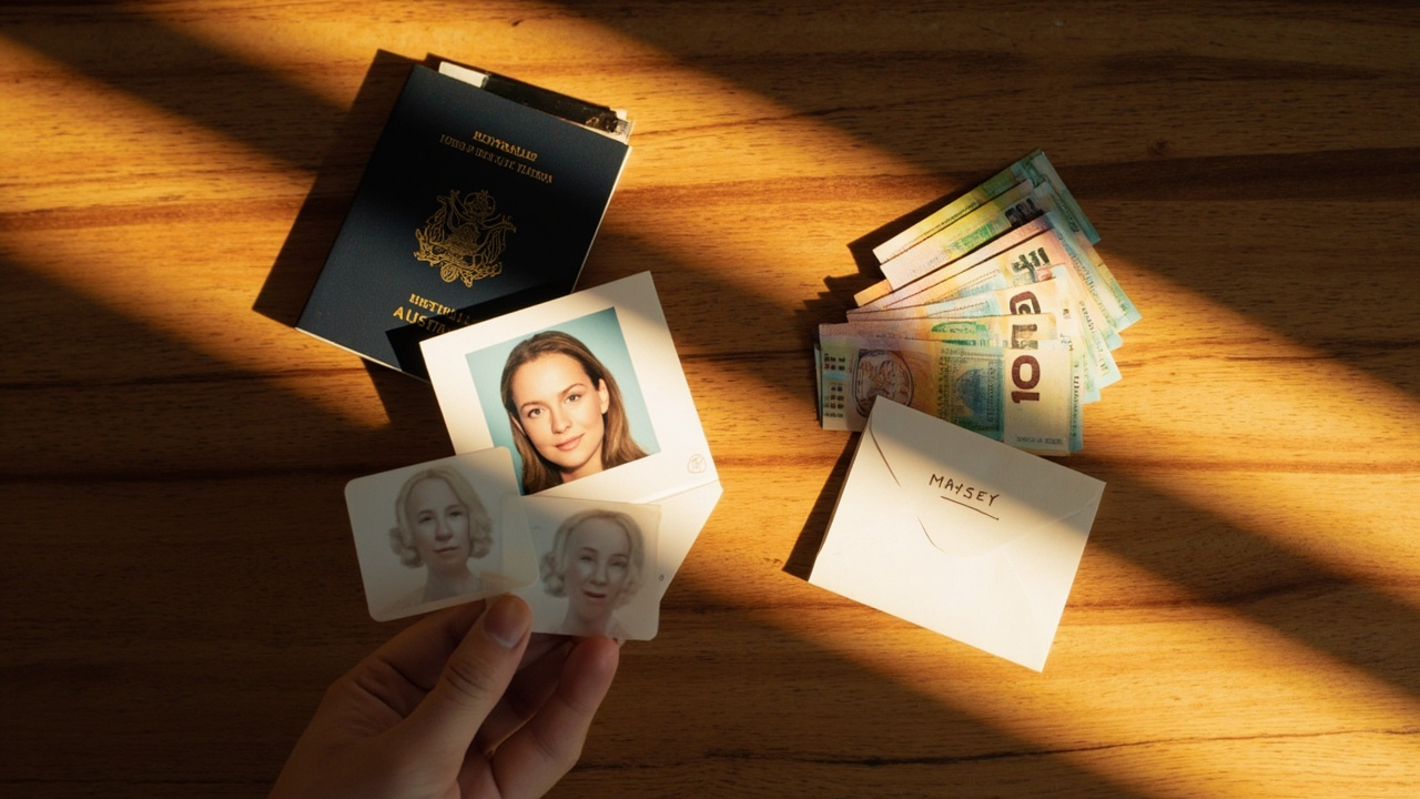 Two passport photos slid into a small paper envelope beside an Australian passport and a USD cash envelope on warm timber