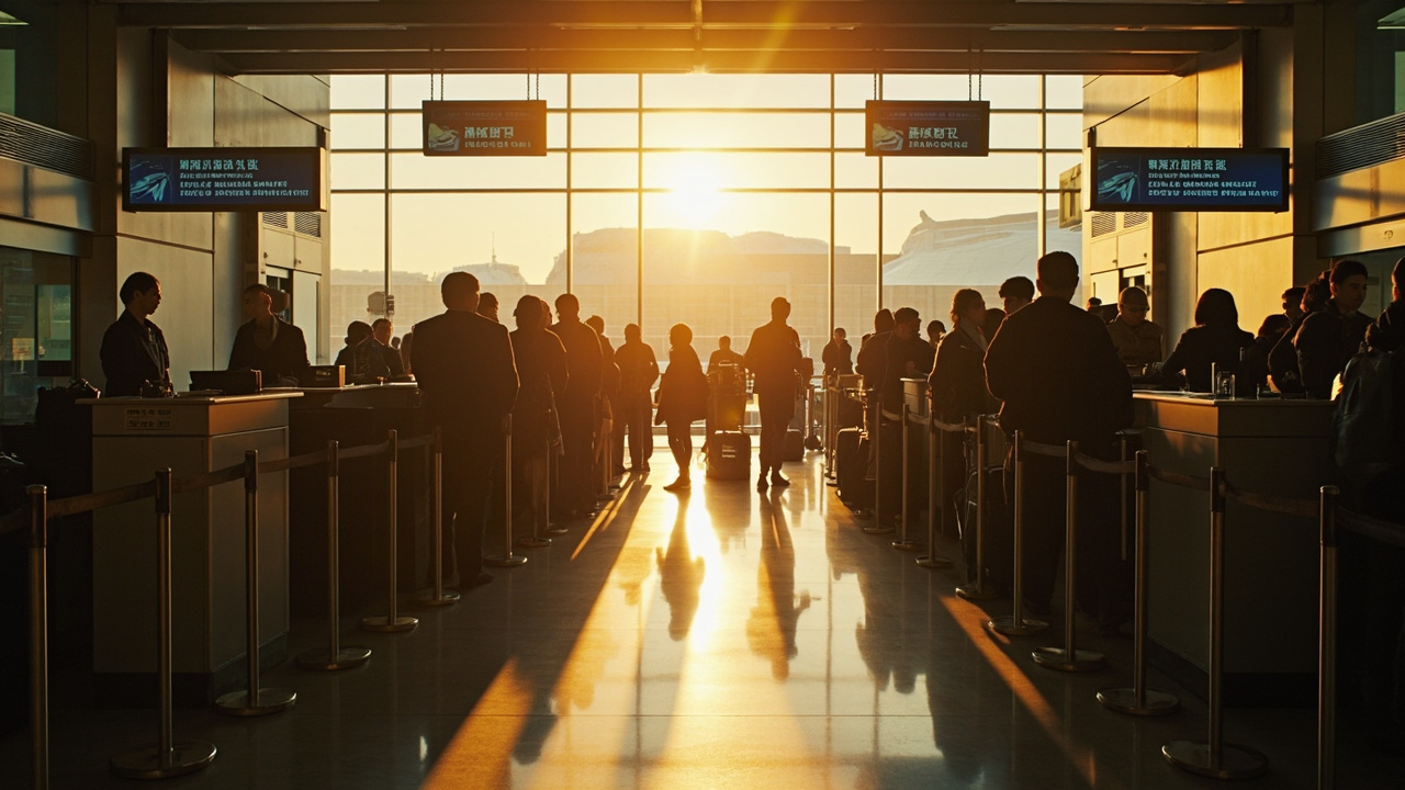 Two parallel Immigration lanes inside a modern Asian airport arrival hall in warm afternoon light — one short and moving, one long and waiting — symbolising eVisa versus VoA for Australian travellers