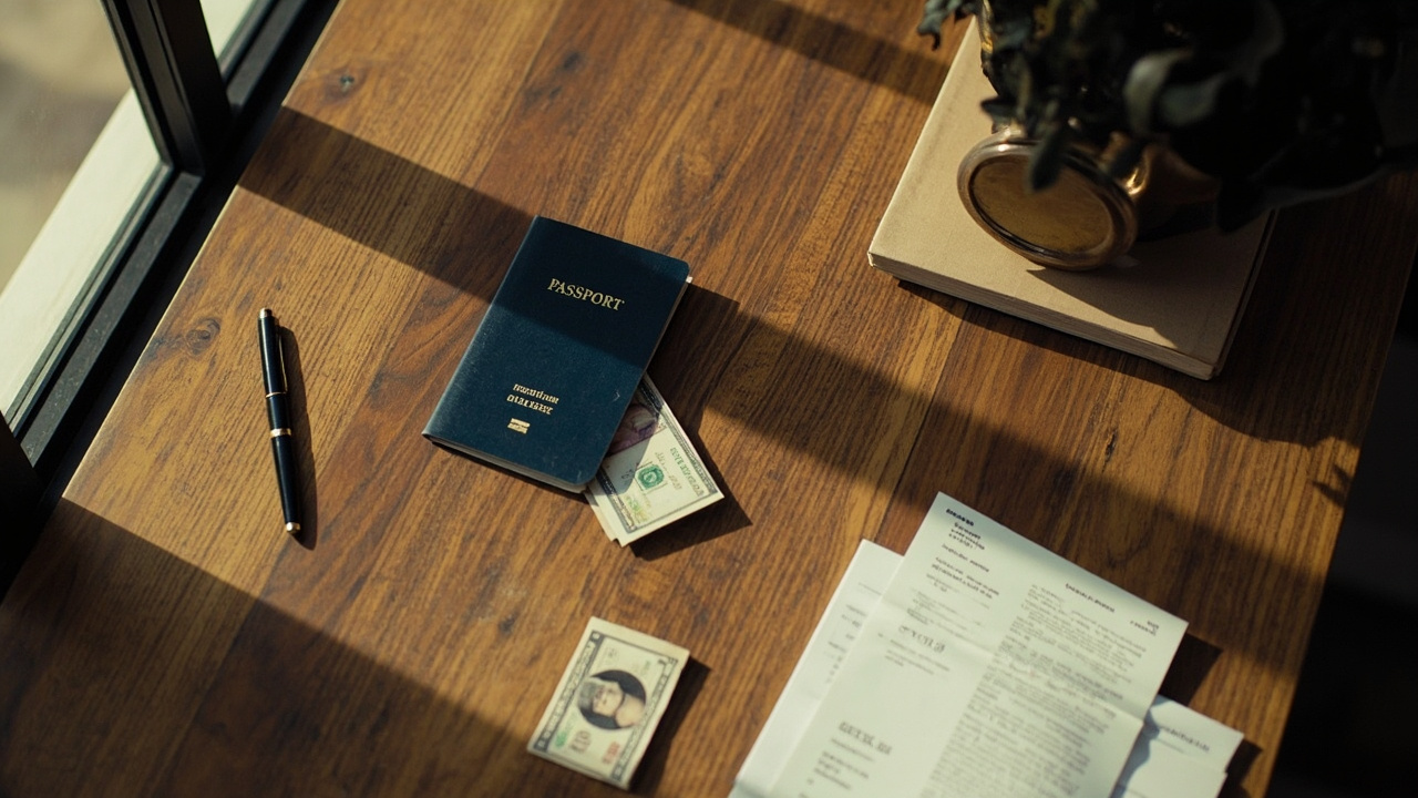 Flat-lay of a passport, a few clean US dollar notes and a passport-style photo on a warm wood desk in soft window light