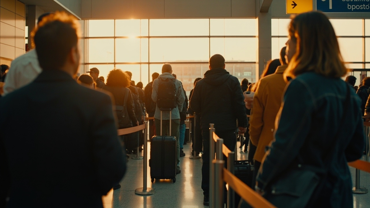 Crowded VoA hall during the late-afternoon peak with a long queue of travellers waiting under warm overhead lighting