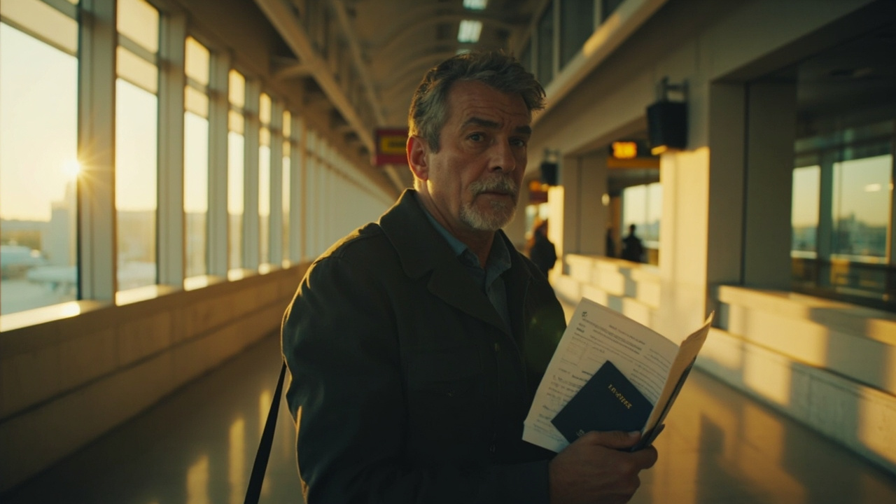 Australian traveller calmly holding a folded paper printout and closed passport while walking through a quiet airport corridor