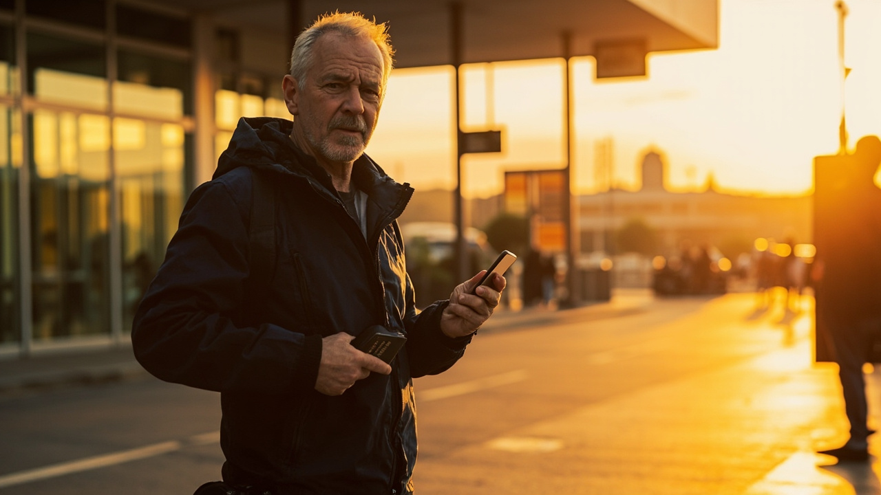 Australian traveller checking phone outside an Asian airport at golden hour with a small overnight bag suggesting a last-minute booking