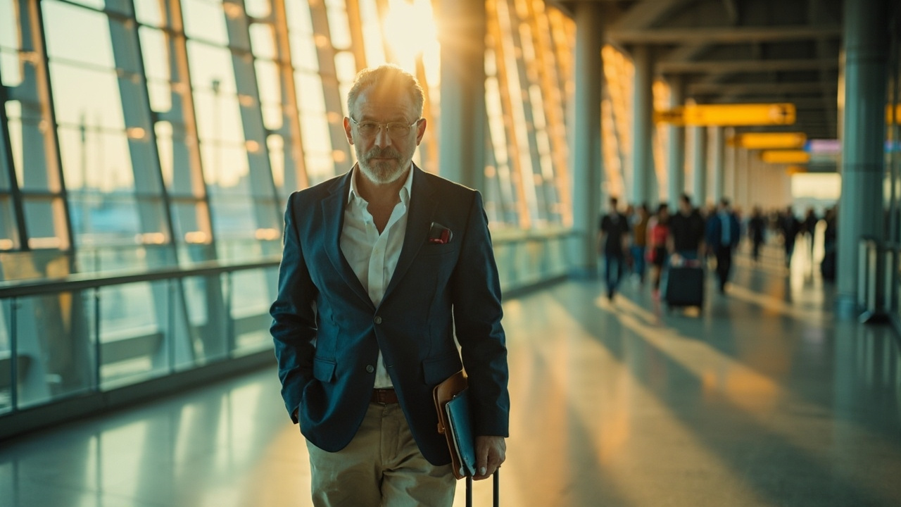 Australian business traveller in smart-casual attire standing in a modern Asian airport arrival corridor with a small carry-on and a closed dark-blue passport in warm afternoon light