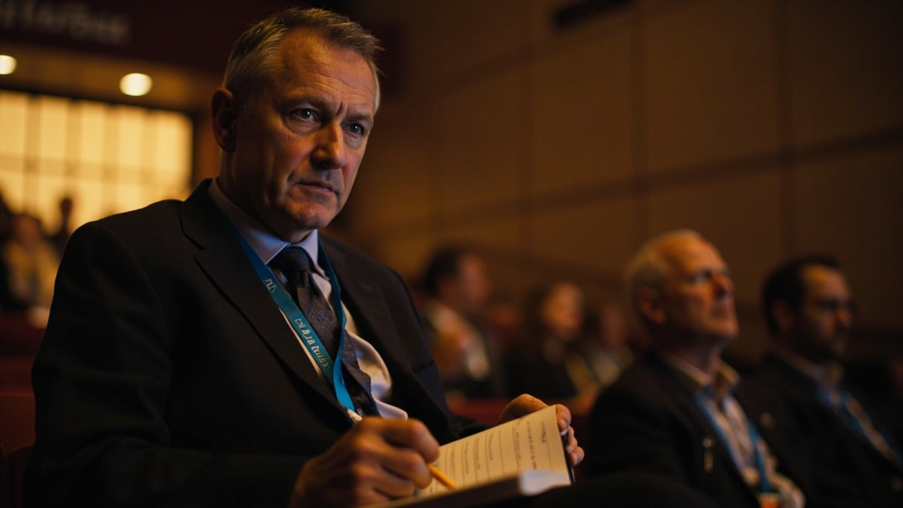 Australian conference delegate seated calmly in a soft-lit auditorium with a lanyard and notebook, listening attentively