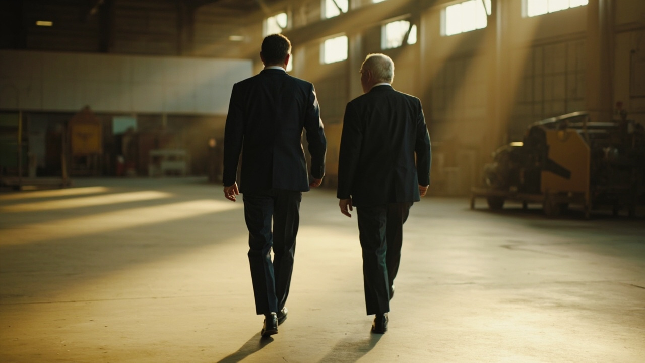 Australian visitor walking a quiet factory or workshop floor with a local guide in soft warm light, observing from a respectful distance