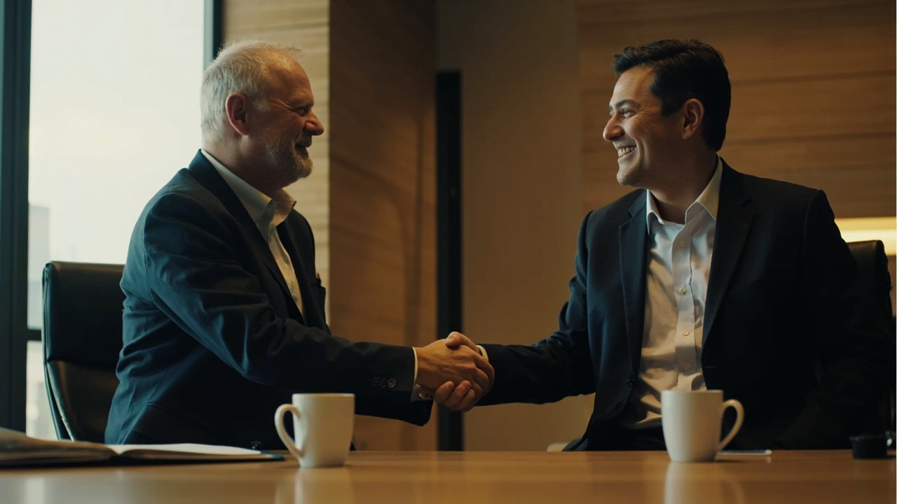 Calm informal handshake between an Australian visitor and a Cambodian counterpart in a soft-lit modern meeting room